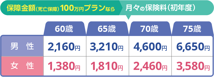 保障金額（死亡保障）100万円プランならこの保険料！