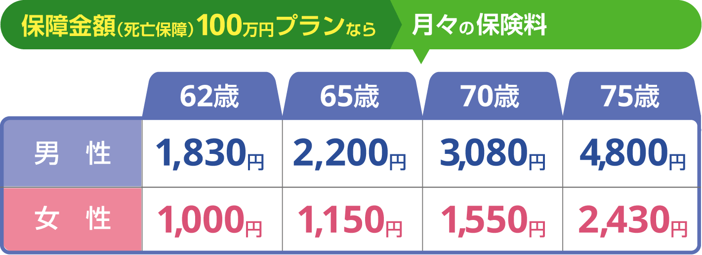 保障金額（死亡保障）100万円プランならこの保険料！