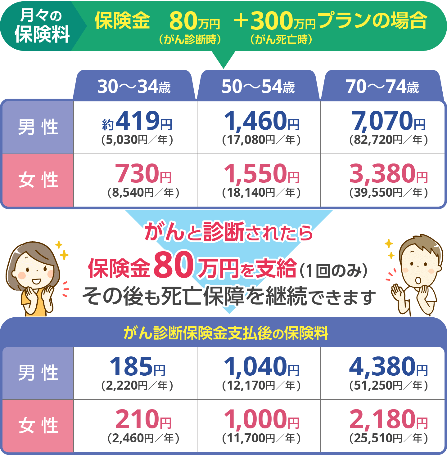保険金(がん診断時)80万円+(がん死亡時)300万円プランの場合の保険料